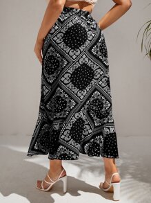 SHEIN VCAY Plus Paisley Scarf Print Asymmetrical Hem Summer Skirt - Black and White - View 2