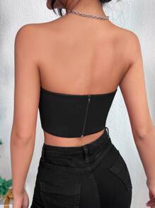 SHEIN Privé Solid PU Crop Tube Top - Black - View 2