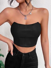 SHEIN Privé Solid PU Crop Tube Top - Black - View 3