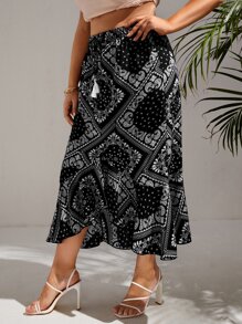 SHEIN VCAY Plus Paisley Scarf Print Asymmetrical Hem Summer Skirt - Black and White - View 4