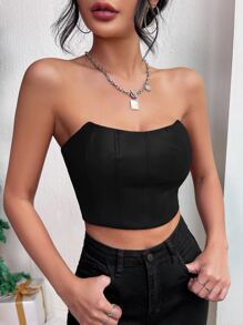 SHEIN Privé Solid PU Crop Tube Top - Black - View 5