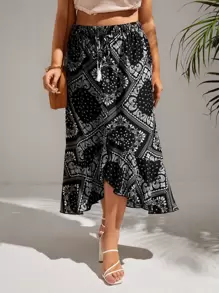 SHEIN VCAY Plus Paisley Scarf Print Asymmetrical Hem Summer Skirt - Black and White - View 6