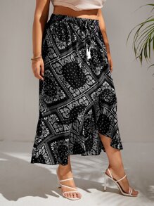SHEIN VCAY Plus Paisley Scarf Print Asymmetrical Hem Summer Skirt - Black and White - View 5
