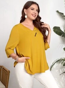 EMERY ROSE Áo thun Plus size Nút màu trơn Giải trí - Màu Mù tạt vàng - Xem 4
