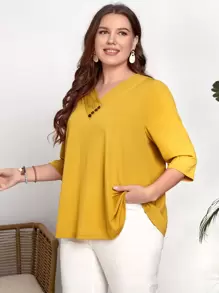 EMERY ROSE Áo thun Plus size Nút màu trơn Giải trí - Màu Mù tạt vàng - Xem 1