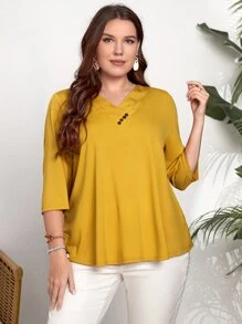 EMERY ROSE Áo thun Plus size Nút màu trơn Giải trí - Màu Mù tạt vàng - Xem 3