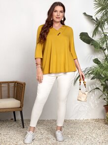 EMERY ROSE Áo thun Plus size Nút màu trơn Giải trí - Màu Mù tạt vàng - Xem 5