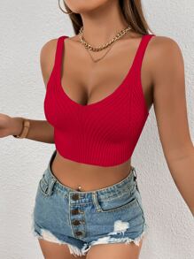 SHEIN Essnce Top unicolor crop tejido de canalé - Rojo - Ver 1