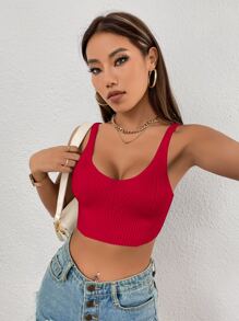 SHEIN Essnce Top unicolor crop tejido de canalé - Rojo - Ver 2