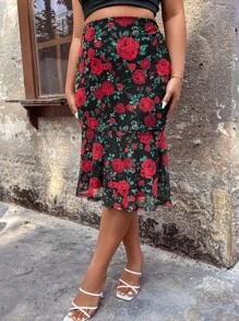 Calvaya Falda con estampado floral ribete con fruncido bajo sirena de malla - Multicolor - Ver 1