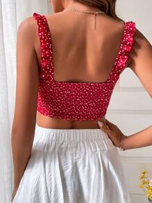 Soleia 紙屑愛心圖案褶邊前打結吊帶上衣 - 紅白色 - 查看 2