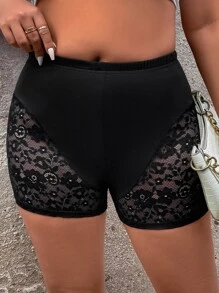 SHEIN LUNE Shorts biker con encaje en contraste - Negro - Ver 1