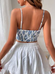 SHEIN VCAY 印花褶邊緊身上衣頭巾下擺吊帶上衣 - 彩色 - 查看 2