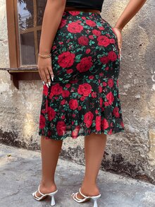 Calvaya Falda con estampado floral ribete con fruncido bajo sirena de malla - Multicolor - Ver 2