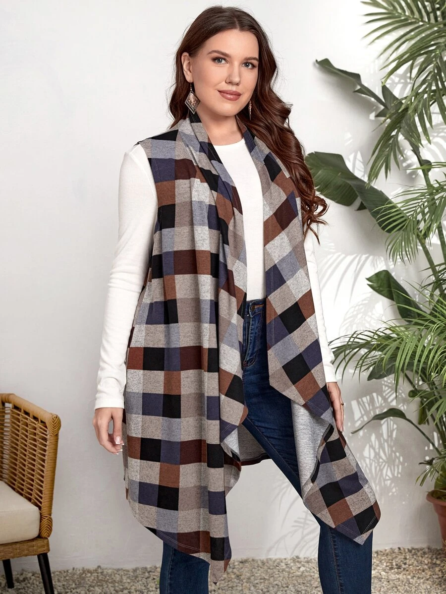 EMERY ROSE Plus Plaid Print Open Front Vest Coat Autumn Winter Clothes For Women - Multicolor - View 1