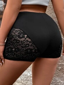 SHEIN LUNE Shorts biker con encaje en contraste - Negro - Ver 2