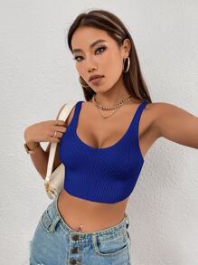 SHEIN Essnce Top unicolor crop tejido de canalé - Azul - Ver 2