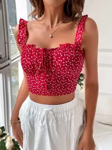 Soleia 紙屑愛心圖案褶邊前打結吊帶上衣 - 紅白色 - 查看 5