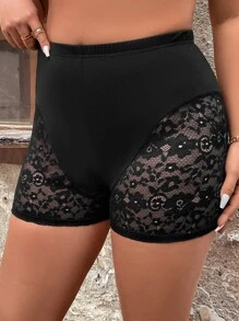 SHEIN LUNE Shorts biker con encaje en contraste - Negro - Ver 3