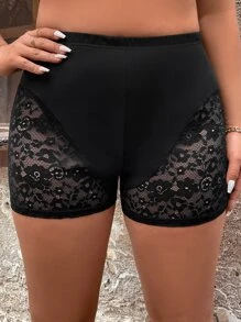 SHEIN LUNE Shorts biker con encaje en contraste - Negro - Ver 4