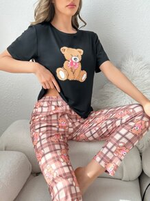 1pc Cartoon Graphic Tee & 1pc Plaid Print Trousers PJ Set - Multicolor - View 3