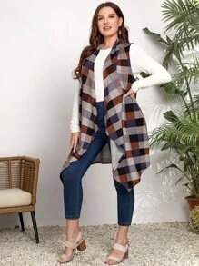 EMERY ROSE Plus Plaid Print Open Front Vest Coat Autumn Winter Clothes For Women - Multicolor - View 4