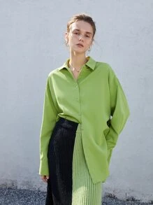 素色前紐扣襯衫 - 綠色 - 查看 1