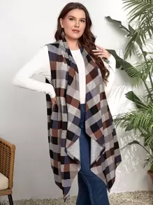 EMERY ROSE Plus Plaid Print Open Front Vest Coat Autumn Winter Clothes For Women - Multicolor - View 5