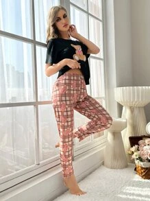 1pc Cartoon Graphic Tee & 1pc Plaid Print Trousers PJ Set - Multicolor - View 4