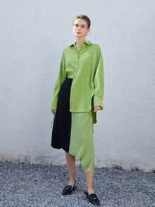 素色前紐扣襯衫 - 綠色 - 查看 5