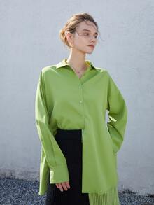 素色前紐扣襯衫 - 綠色 - 查看 6