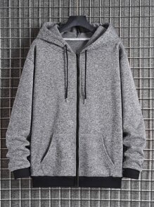 Men Slant Pockets Zip Up Drawstring Thermal Hoodie - Grey - View 1