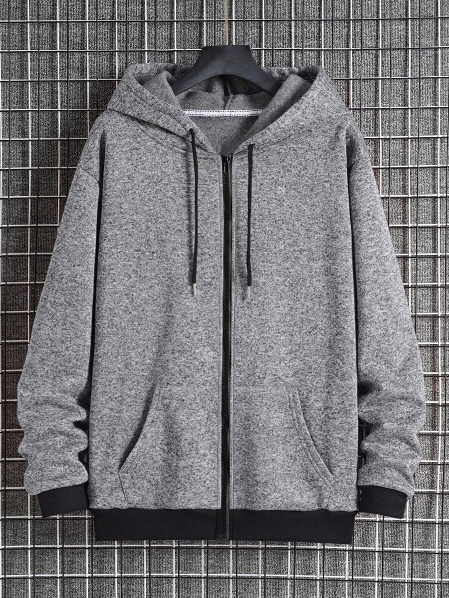 Men Slant Pockets Zip Up Drawstring Thermal Hoodie - Grey - View 1