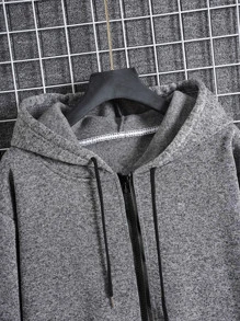 Men Slant Pockets Zip Up Drawstring Thermal Hoodie - Grey - View 7