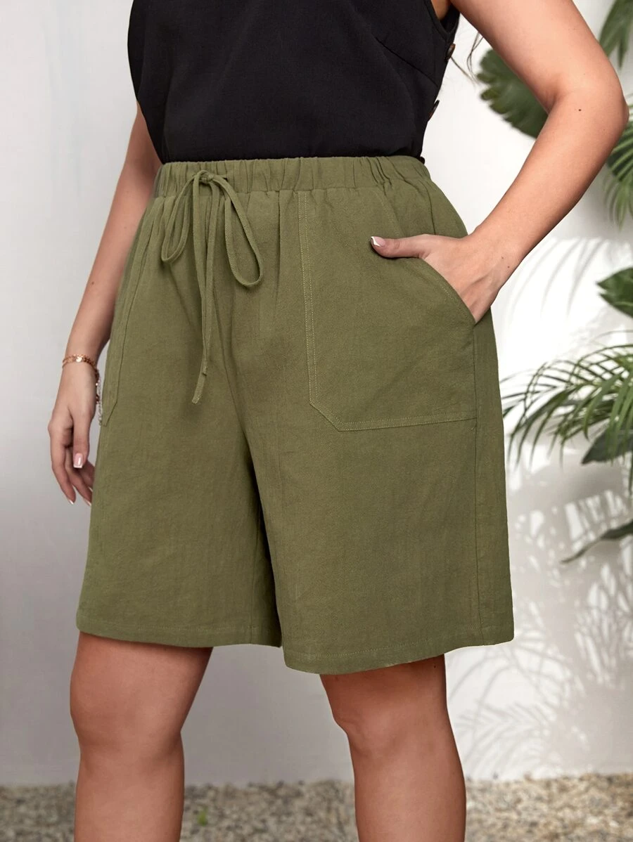EMERY ROSE Shorts de cintura con cordón con bolsillo oblicuo - Verde militar - Ver 1
