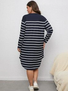 SHEIN Franclia Plus Striped Print High Low Hem Tee Dress - Black and White - View 2