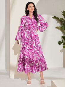 Modelyn Allover Print Lantern Sleeve Ruffle Hem Dress - Multicolor - View 1