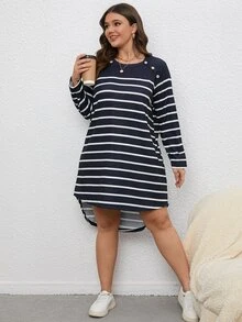 SHEIN Franclia Plus Striped Print High Low Hem Tee Dress - Black and White - View 3