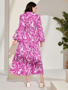 Modelyn Allover Print Lantern Sleeve Ruffle Hem Dress - Multicolor - View 2