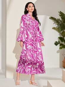 Modelyn Allover Print Lantern Sleeve Ruffle Hem Dress - Multicolor - View 3