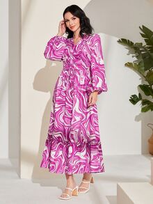 Modelyn Allover Print Lantern Sleeve Ruffle Hem Dress - Multicolor - View 5