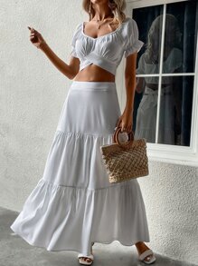 SHEIN VCAY Sweetheart Neck Tie Back Top & Ruffle Hem Skirt - White - View 3