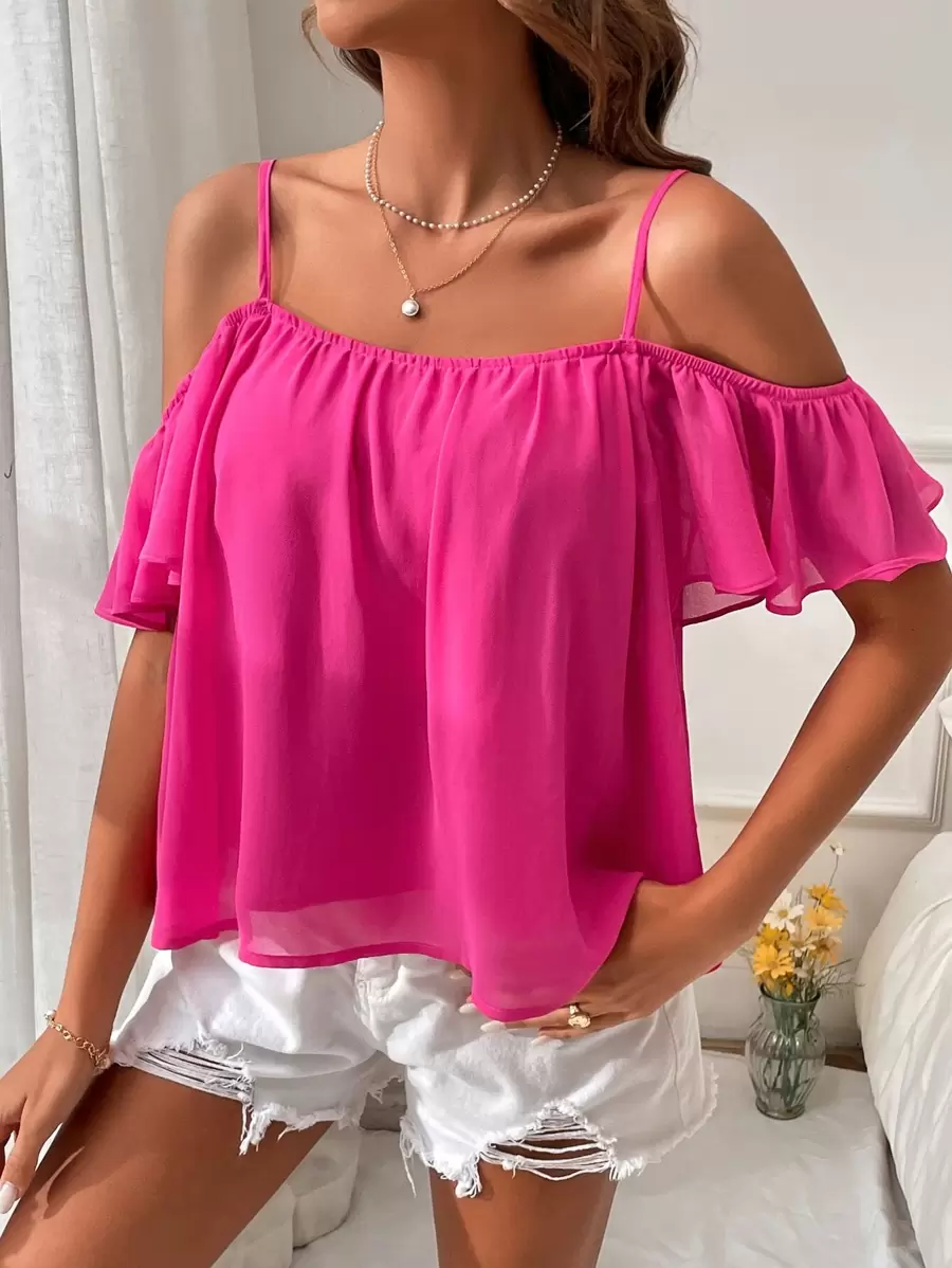 SHEIN VCAY 挖肩素色襯衫 - 玫紅色 - 查看 1