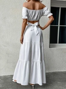 SHEIN VCAY Sweetheart Neck Tie Back Top & Ruffle Hem Skirt - White - View 2