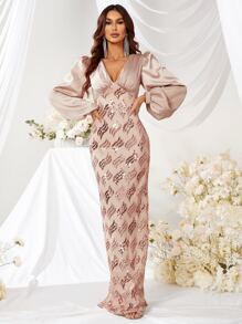 YISIKADO Lantern Sleeve Split Back Sequin Formal Dress - Apricot - View 1