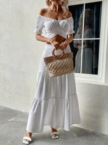 SHEIN VCAY Sweetheart Neck Tie Back Top & Ruffle Hem Skirt - White - View 1
