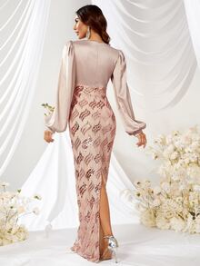 YISIKADO Lantern Sleeve Split Back Sequin Formal Dress - Apricot - View 2