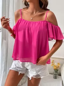 SHEIN VCAY 挖肩素色襯衫 - 玫紅色 - 查看 4