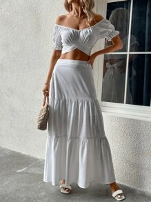 SHEIN VCAY Sweetheart Neck Tie Back Top & Ruffle Hem Skirt - White - View 4