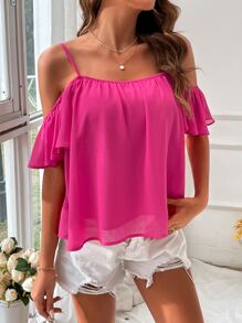 SHEIN VCAY 挖肩素色襯衫 - 玫紅色 - 查看 5